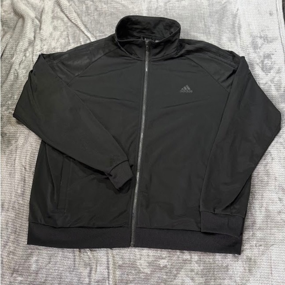 Adidas Mens Track Jacket 2XL Black Full Zip 3 Stripe Athletic Warm Up Coat